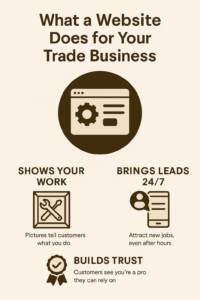 Infographic titled “What a Website Does for Your Trade Business.” Highlights three benefits: shows your work, brings leads 24/7, and builds trust. Brown icons include a website with a gear, a wrench inside a frame, and a ribbon badge. Warm beige background.