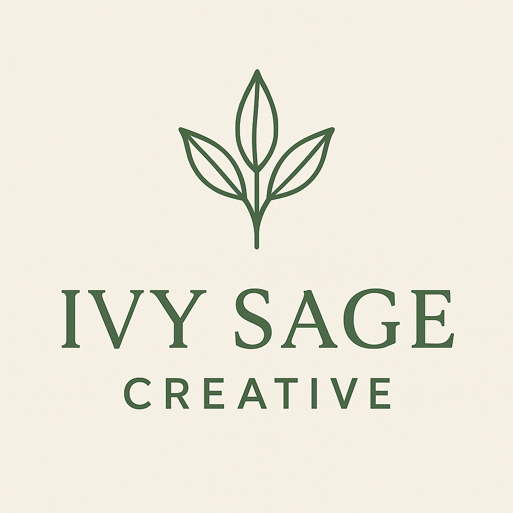 Logo for Ivy Sage Creative featuring an elegant, minimalist ivy leaf icon in soft sage green above the company name. The text “Ivy Sage” is in bold serif font, and “Creative” appears below in clean sans-serif lettering. The design uses natural green tones on a light beige background, giving it a modern, organic, and professional feel.