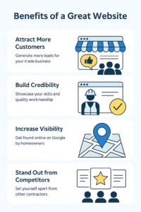 Infographic titled “Benefits of a Great Website.” Lists four advantages: attract more customers, build credibility, increase visibility, and stand out from competitors. Includes simple blue and yellow icons of a storefront, hard hat, map pin, and star.