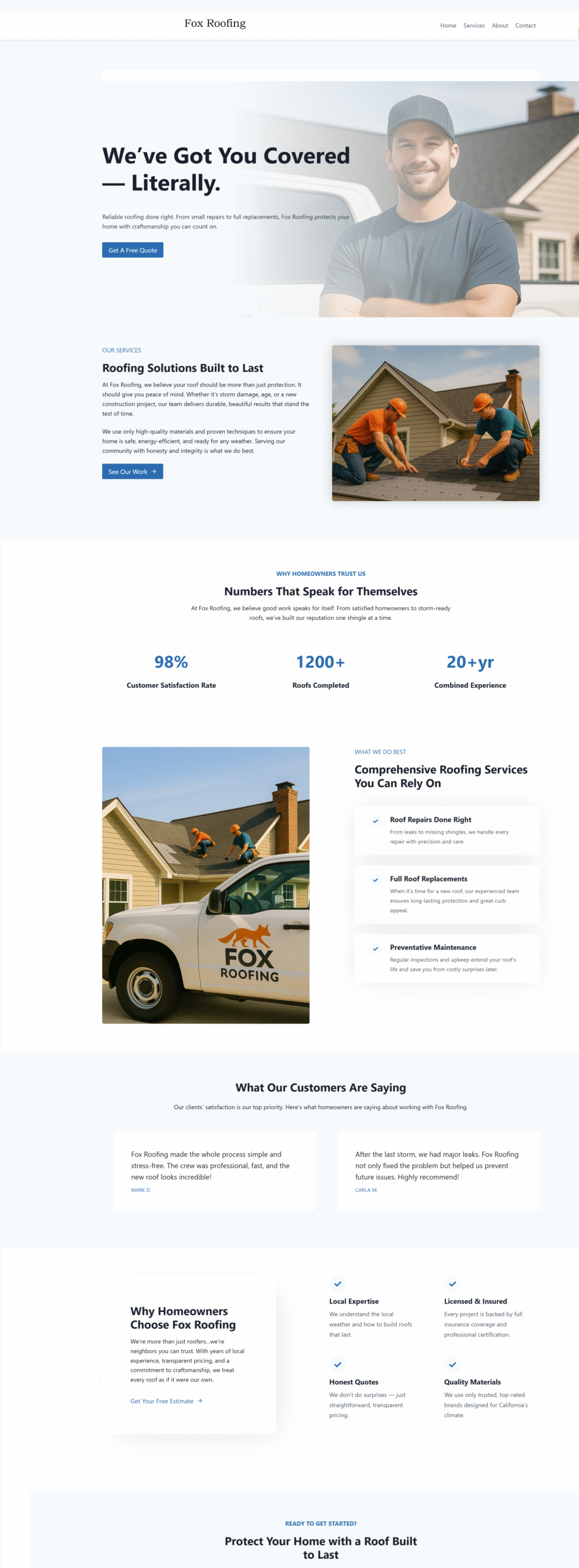 Screenshot of a professional website homepage for Fox Roofing. The design features a clean white and blue layout with bold headlines, images of roofers working on homes, and a Fox Roofing truck. Sections include a hero banner with a smiling roofer, service descriptions, customer testimonials, company statistics, and a call-to-action for a free estimate. The page emphasizes reliability, craftsmanship, and trust.
