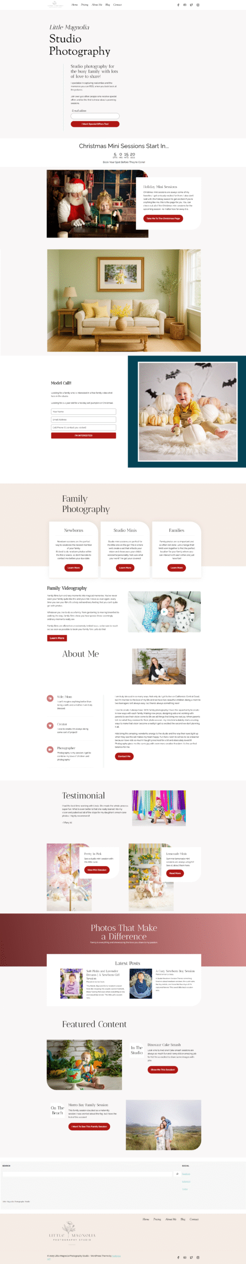 Screenshot of the Little Magnolia Studio Photography website homepage. The design features a clean, modern layout with soft neutral colors and deep red accents. Sections include a lead capture form for family photography inquiries, a countdown to Christmas mini sessions, model call form, and information about newborn, studio, and family photography. The page also includes an About Me section, client testimonials, recent blog posts, and featured content links, all emphasizing warm, family-focused photography services.