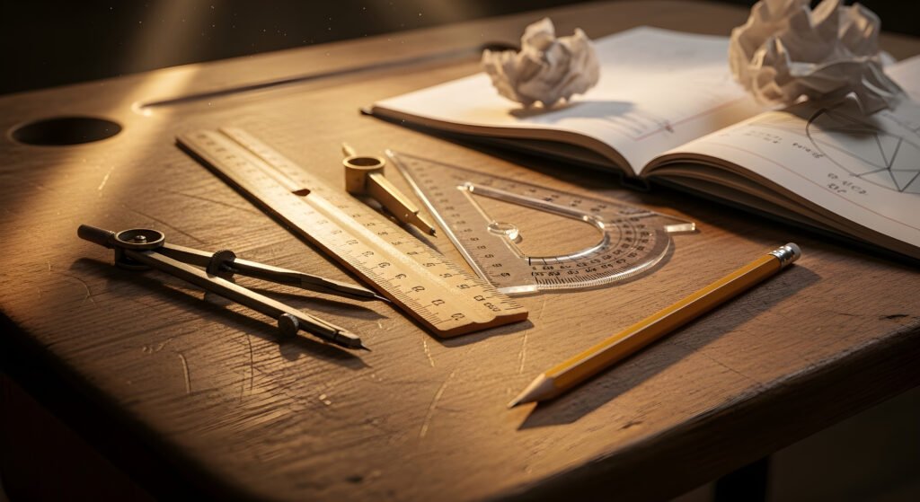—Pngtree—vintage drafting tools and an_19187403 Photo of drafting tools on a wooden desk, including a compass, rulers, protractor, and pencils. A notebook with geometric sketches lies open in the background, with sunlight casting a warm glow over the workspace.
